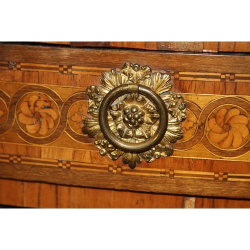 533 - An 18th century French mahogany, kingwood, rosewood and satinwood marquetry shape front marble top c... 