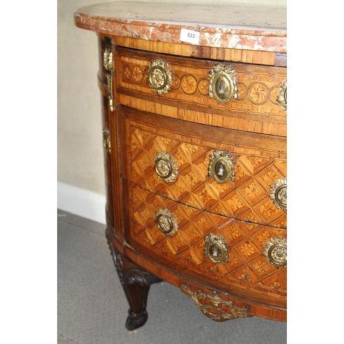 533 - An 18th century French mahogany, kingwood, rosewood and satinwood marquetry shape front marble top c... 