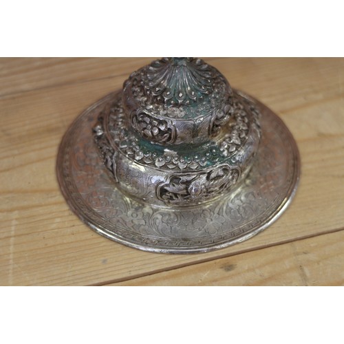 126 - A Chinese ceremonial white metal cup, cover and stand with jade bowl, 7