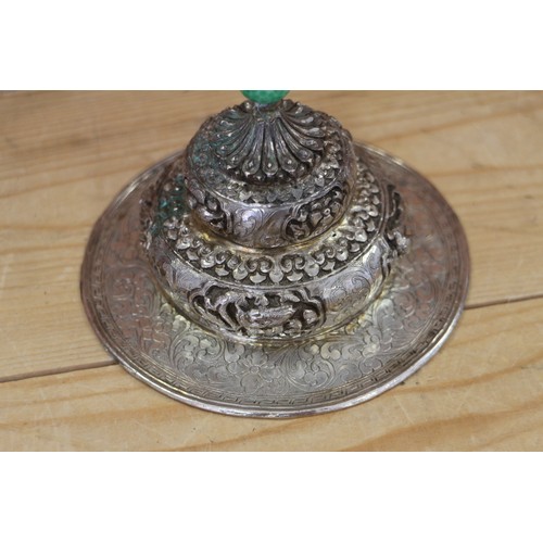 126 - A Chinese ceremonial white metal cup, cover and stand with jade bowl, 7