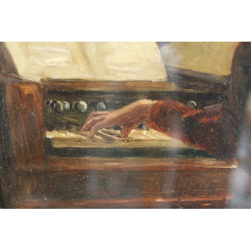 488 - A Boyd?: oil on board, woman playing the piano, 11 1/2