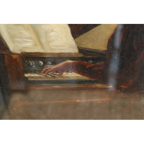 488 - A Boyd?: oil on board, woman playing the piano, 11 1/2