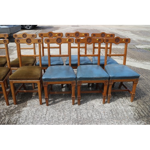 519 - A matched set of twelve mid Victorian carved oak  bar back dining chairs designed by AWN Pugin and m... 