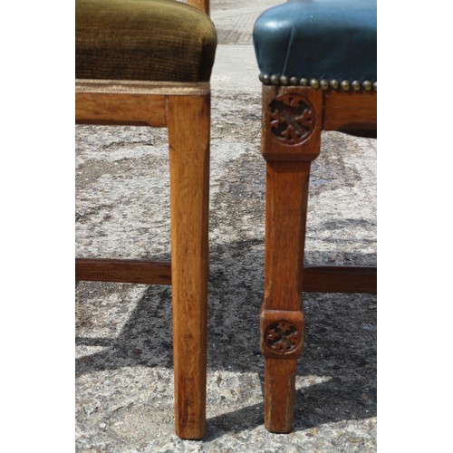 519 - A matched set of twelve mid Victorian carved oak  bar back dining chairs designed by AWN Pugin and m... 