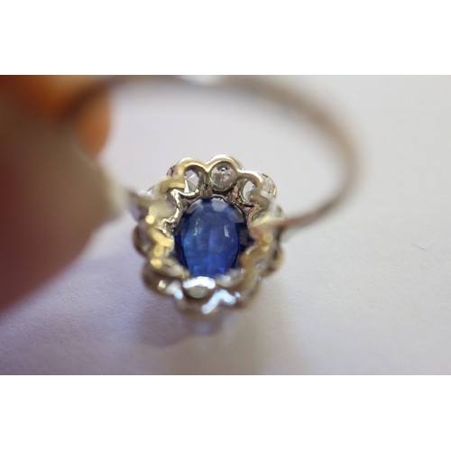 349 - An 18ct gold, platinum, diamond and blue stone cluster ring, size M/N, 3.2g