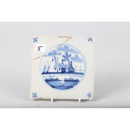 59 - Three 18th century English delft tiles, landscapes with buildings (restored) and a Dutch tile with c... 