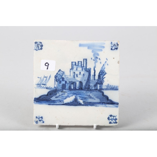 59 - Three 18th century English delft tiles, landscapes with buildings (restored) and a Dutch tile with c... 