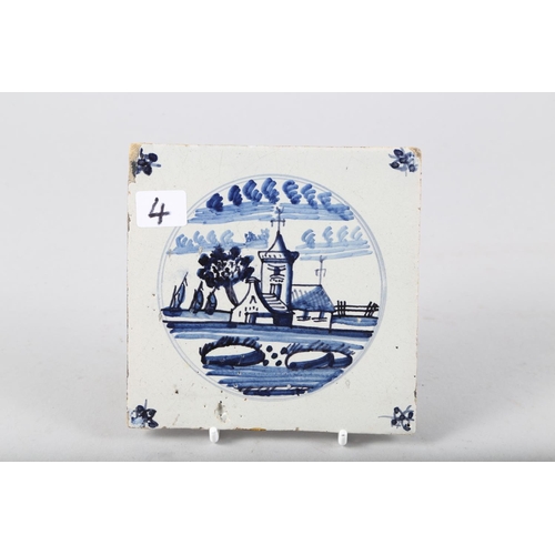 59 - Three 18th century English delft tiles, landscapes with buildings (restored) and a Dutch tile with c... 