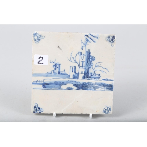 59 - Three 18th century English delft tiles, landscapes with buildings (restored) and a Dutch tile with c... 