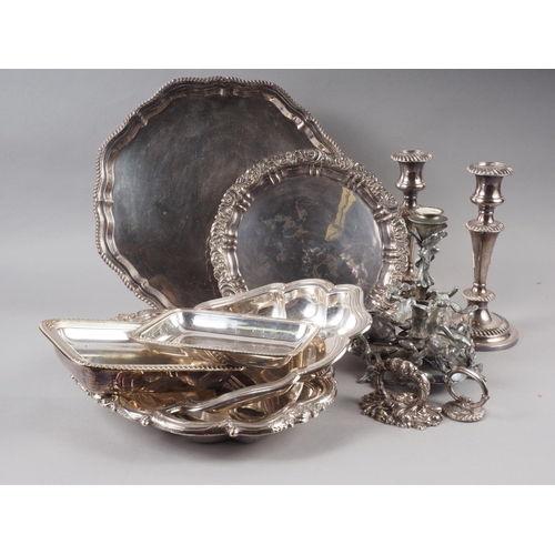 265 - Two Georgian design silver plated trays, two entree dishes and covers an epergne base, decorated rab... 