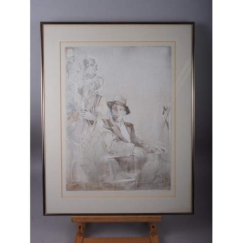 408 - Jurgen Gorg: a limited edition print, seated man with hat and figures, 101/190, in metal strip frame