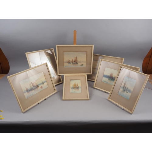 485 - William Shepherd: seven watercolours, boats at sea, various sizes, in cream textured frames, and E B... 