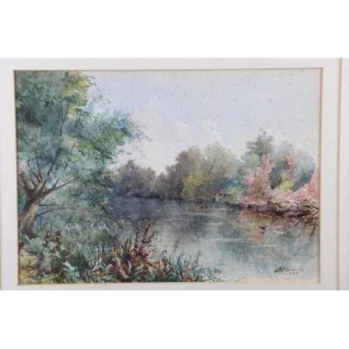 490 - English School: watercolours, river scene, indistinctly signed, 9 1/2