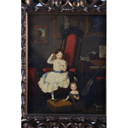 498 - 19th century English school: oil on canvas laid board, a naive painting of two young children, 13