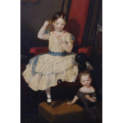 498 - 19th century English school: oil on canvas laid board, a naive painting of two young children, 13