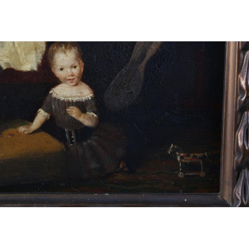 498 - 19th century English school: oil on canvas laid board, a naive painting of two young children, 13