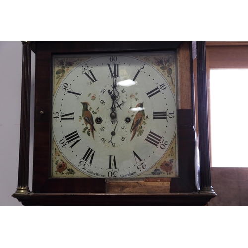 555 - An early 19th century oak and mahogany banded long case clock with bird painted dial, seconds and da... 