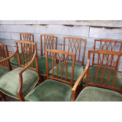 530 - A set of eight Georgian mahogany and satinwood inlaid, box and ebony strung dining chairs of Hepplew... 