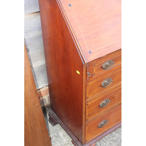 608 - A mahogany and box line inlaid fall front bureau with fitted writing compartment over four long draw... 