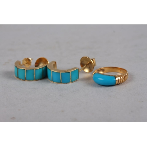 315 - An Egyptian yellow metal and turquoise set ring, size L, 3.5g, and a similar pair of earrings, 7.6g