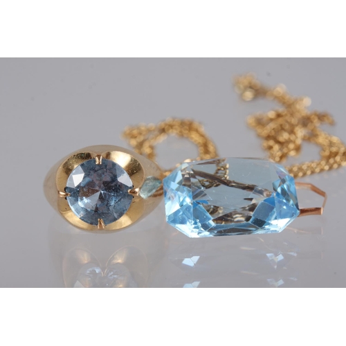 316 - A 14ct gold and blue topaz ring, size K, 6g, and a similar pendant (as found), on 9ct gold flat curb... 