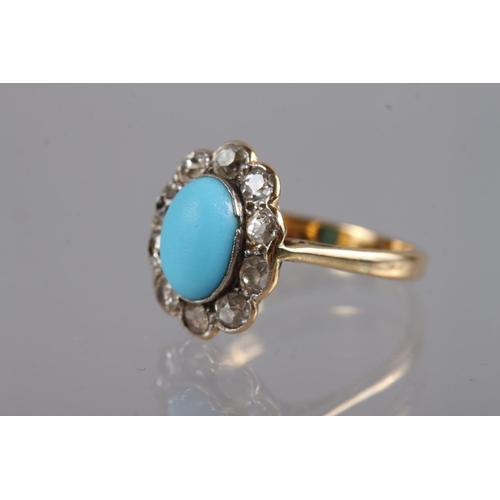 379 - A yellow metal dress ring, set turquoise and collar of diamonds, stamped 18ct, size K 1/2, 34g gross