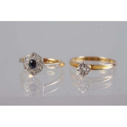 382 - A yellow metal ring, illusion set diamonds, size N 1/2, 2g gross, an 18ct gold ring cluster set sapp... 