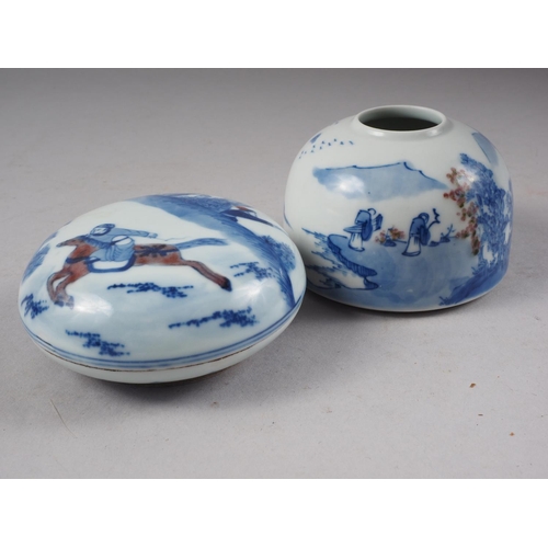 101 - A Chinese blue, white and iron oxide porcelain brush washer, decorated figures in a landscape with c... 