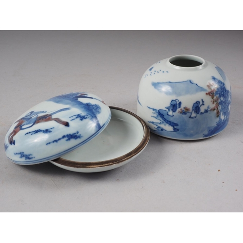 101 - A Chinese blue, white and iron oxide porcelain brush washer, decorated figures in a landscape with c... 