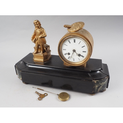 133 - A 19th century gilt mounted mantel clock with figure and artist's palette and eight-day movement, by... 