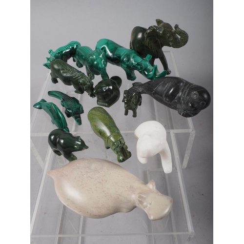 210 - Five carved malachite animals, various, and nine other hardstone animals