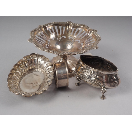 298 - A silver bonbon stand, a napkin ring, a pin tray and an Art Nouveau bowl, 6oz troy approx