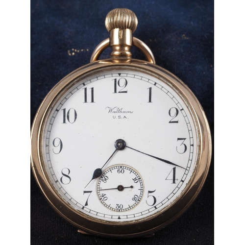 310 - A Waltham 9ct gold cased pocket watch with white enamel dial, Arabic numerals and subsidiary seconds... 