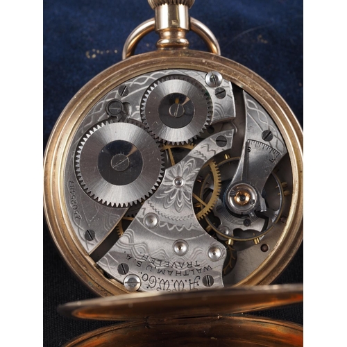 310 - A Waltham 9ct gold cased pocket watch with white enamel dial, Arabic numerals and subsidiary seconds... 