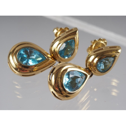 348 - A pair of 18ct gold and pear-shaped topaz drop earrings, 10g gross