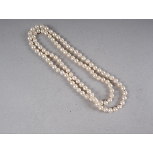 352 - A single rope of cultured semi-baroque pearls (one hundred approx 7-7.5mm dia)