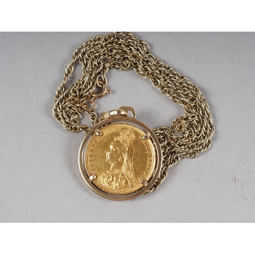 365 - A Victorian 1889 gold sovereign, mounted as a pendant on 9ct rope twist chain, 20.3g approx