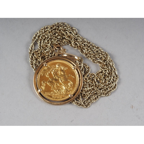 365 - A Victorian 1889 gold sovereign, mounted as a pendant on 9ct rope twist chain, 20.3g approx