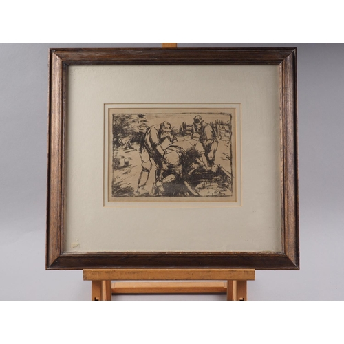 412 - Harry Becker: dry point etching, workhorse and farmers at rest, in oak strip frame, a companion etch... 