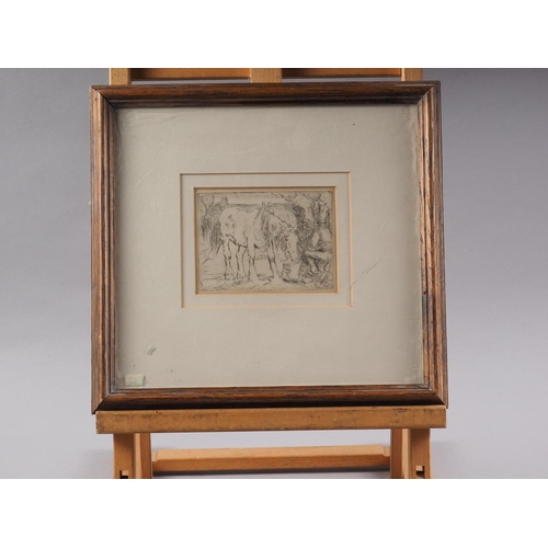 412 - Harry Becker: dry point etching, workhorse and farmers at rest, in oak strip frame, a companion etch... 