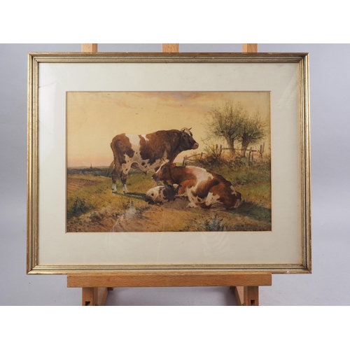 461 - T S Cooper, 1881: watercolours, bull, cow and calf in landscape, 8 1/2