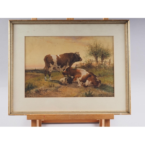 461 - T S Cooper, 1881: watercolours, bull, cow and calf in landscape, 8 1/2