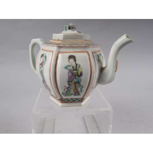 92 - A Chinese hexagonal teapot with polychrome figure decoration and seal mark to base, 5 1/4