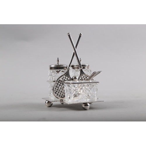 263 - A silver plated cruet set with handle formed as a tennis racket