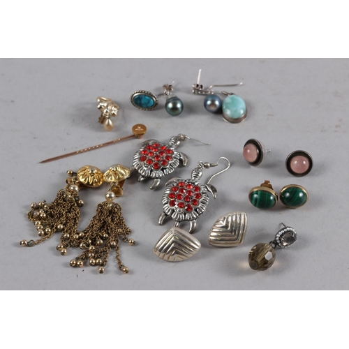 368 - A pair of 9ct gold ear studs set malachite, a pair of baroque black pearl ear drops and a number of ... 