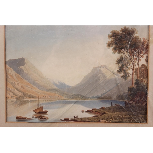 402 - John Varley: an 18th century aquatint, landscape with lake and mountains, in gilt frame