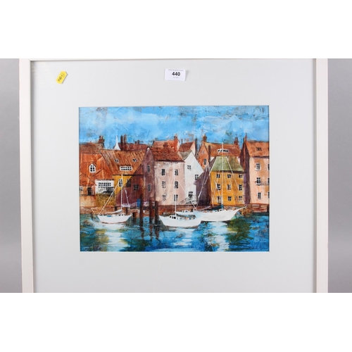 440 - Mitzie Green: watercolours, Whitby harbour scene with houses, 9 1/2