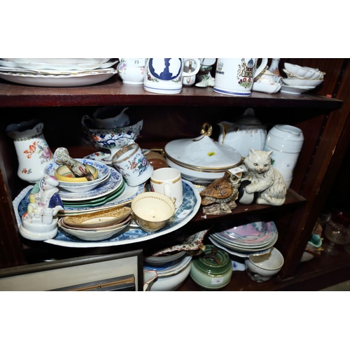 50 - A quantity of ceramics, including three chamber pots, a meat platter, tureens, mugs, a model of an o... 