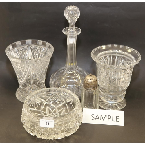 51 - An assortment of glassware, including pedestal glasses, cut glass bowls, a decanter, eleven smokey g... 