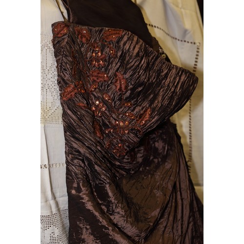 197 - A Goya chocolate brown silk taffeta strapless ballgown, size 16, with matching scarf